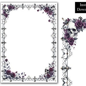 Könnte beinhalten: Ein druckbares digitales Papier mit einem schwarzen und weißen verzierten Rahmen, der mit violetten Rosen und Schädeln verziert ist. Der Rahmen ist perfekt zum Erstellen von Einladungen, Karten und anderen Papierarbeiten.