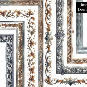 Mittelalterliche leichte Ränder 8 Frames Verzierten Metallic Stil Clip Art Digitaler Download Mittelalter Gothik Metall Eisen verrostet Alter Rahmen A4 & 8.5x11 PNG