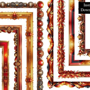 May include: A selection of decorative frames and borders in gold, red, and black. The designs feature detailed floral and geometric patterns, with a vintage aesthetic. The image includes the text "Instant Download".