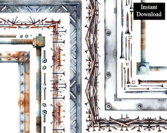Bordes de metal oxidado, 8 marcos, estilo metálico, clip art, descarga digital, metal, hierro, pernos oxidados, tornillos, clavos, tuercas, marco A4 y 8,5 x 11 PNG