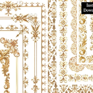Cornici con bordi decorativi dorati, angoli in filigrana ornati, certificato dorato, pacchetto ClipArt 10 fogli glitterati antichi digitali A4 e 8,5x11 PNG