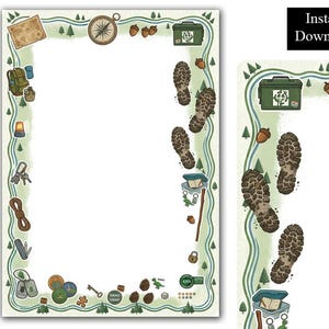 May include: A decorative border with a camping theme. The design includes a compass, map, backpack, acorns, footprints, and a recycling bin. The text "Instant Download" is in the upper right corner.