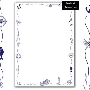 May include: A rectangular stationery page with a white background and a dark blue border featuring nautical and fishing icons including an anchor, compass, dragonfly, cattails, crab, fishing rod, boat, lighthouse, and tackle box.