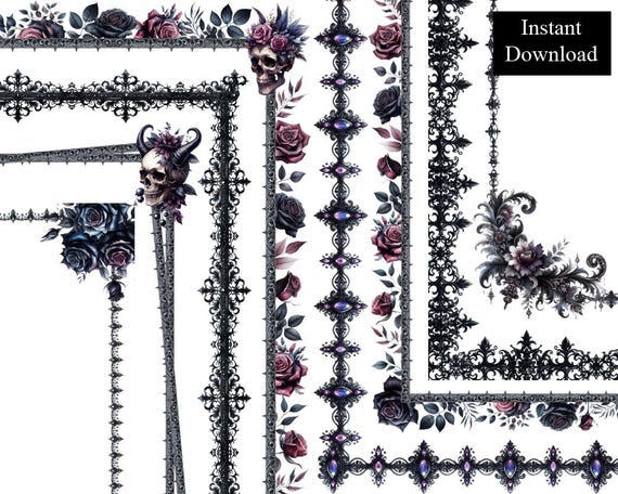 Gothic Rose Skulls Borders 8 Frames Ornate Gothic Clip Art Digital Download Medieval Gothic Victorian Black Roses Frame A4 & 8.5 x 11 PNG