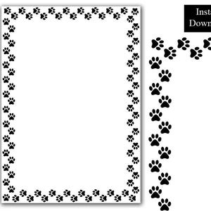 Può includere: Un foglio di carta bianco con un bordo di impronte di zampe nere. Le impronte sono disposte attorno ai bordi della carta, con una linea verticale di impronte sul lato destro. Il testo "Instant Download" è in un rettangolo nero.
