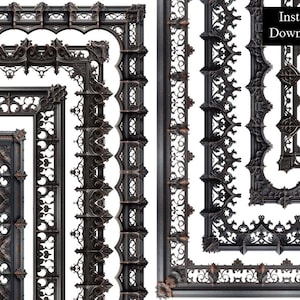 May include: Four different ornate black metal frames with intricate designs. The frames are arranged in a grid pattern, with the largest frame in the center.