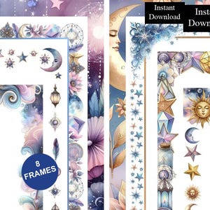 Könnte beinhalten: Eine Sammlung von 8 digitalen Rahmen mit himmlischen Motiven wie Mondsicheln, Sonnen, Sternen, Laternen, Kristallen und floralen Elementen in Blau-, Lila- und Goldtönen. Das Bild enthält den Text 8 FRAMES und Instant Download.