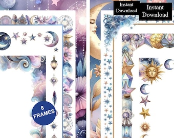 May include: A collection of 8 digital frames featuring celestial motifs including crescent moons, suns, stars, lanterns, crystals, and floral elements in shades of blue, purple, and gold. The image includes text that reads 8 FRAMES and Instant Download.