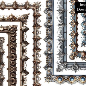 May include: Five different ornate metal frames with intricate details, including gears, cogs, and scrollwork. The frames are in shades of gold, silver, and blue.