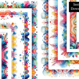 May include: A collection of watercolor digital borders in various styles. The designs feature vibrant colors like pink, blue, orange, and yellow, with floral and abstract patterns. The text "Instant Download" is visible.