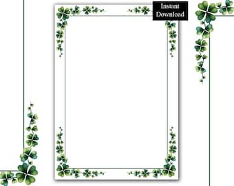 St Patrick's Day Border Frame Printable Clover ClipArt PDF/PNG Digital Page A4 & 8.5x11