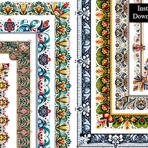 Volkskunst aquarel randen Frames Clip Art bundel 8 digitale download A4 en 8,5 x 11 inch PNG kleurrijk artistiek bloemen rood blauw groen