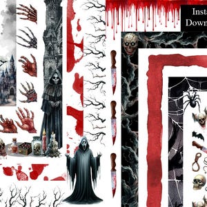 Marcos de Halloween espeluznantes y espeluznantes con 10 marcos, murciélagos, arañas, imágenes prediseñadas góticas y espeluznantes, descarga digital, marcos de Halloween A4 y 8,5 x 11 PNG
