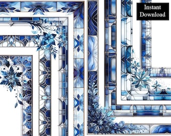 Bordes de vidrieras de invierno, marcos, copos de nieve, hielo frío, imágenes prediseñadas, paquete de 8 descargas digitales, marco A4 y 8.5x11, borde de página imprimible de nieve PNG