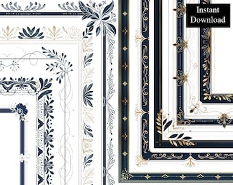 Ornate Navy & Gold Certificate Frames: Floral Clipart Bundle (Digital Download)