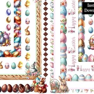Marcos de acuarela para Pascua, imágenes prediseñadas de conejos, huevos de Pascua, paquete de 10 marcos de descarga digital, A4 y PNG de 8,5 x 11 pulgadas, conejos, gallinas y huevos