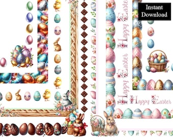 Easter Watercolour Borders Frames Rabbit Easter Egg Clip Art Bundle 10 Digital Download  Frames A4 & 8.5 x 11 inch PNG Bunnies Chickens Eggs