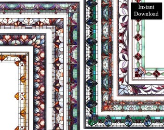 Bordes de vitrales oscuros, 8 marcos, estilo ornamental decorativo, clip art, descarga digital, marco de página de luz de plomo, A4 y 8,5 x 11 PNG