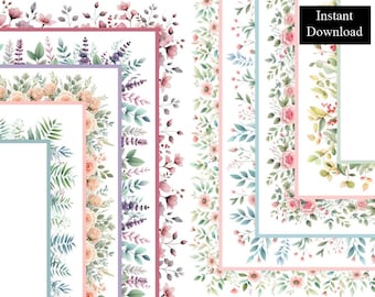 Paquete de marcos con bordes de acuarela con motivos florales para el Día de la Madre (8 archivos digitales descargables, tamaños A4 y 8.5x11). Marcos imprimibles.