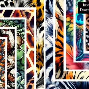 Paquete de 10 marcos de acuarela con estampado animal, marcos de descarga digital A4 y carta de 8,5 x 11 pulgadas, escamas, plumas, piel de tigre, borde de página imprimible.