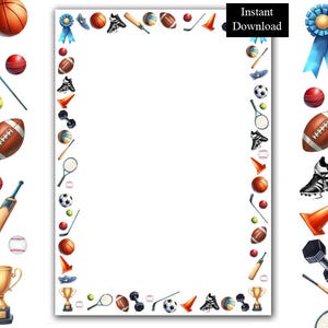 Op de afbeelding: Een rechthoekige paginarand met een herhalend patroon van diverse sportartikelen, waaronder basketballen, voetballen, tennisballen, cricketbats, hockeysticks, halters, trofeeën, blauwe prijzenlinten en oranje verkeerskegels.