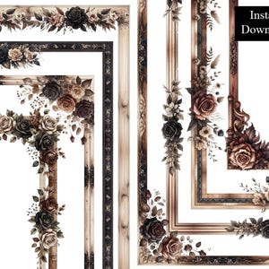 May include: Digital download featuring ornate floral frame designs. The frames are decorated with roses in shades of black, brown, and cream, with intricate details. The text "Instant Download" is in the upper right corner.