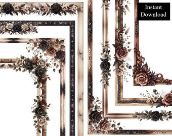 Marcos de madera oscura con bordes de rosas, 8 marcos, imágenes prediseñadas digitales, marcos rectangulares de madera, A4 y 8,5 x 11 PNG.