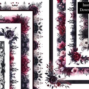Peut inclure: Plusieurs bordures florales à l'aquarelle dans les tons bordeaux, noir et blanc. Les motifs présentent des roses, de la dentelle et d'autres éléments floraux. Les mots "Téléchargement instantané" sont dans un encadré noir.