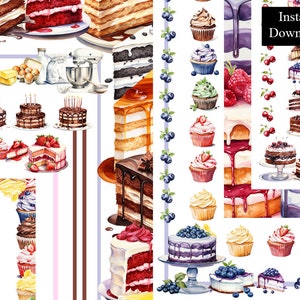 Kuchen Aquarell Bordüren Rahmen Backrahmen Bundle 10 Digital Download Cupcakes Seite A4 & 8.5x11 Bordüre Kuchenkarte Rezept Bilderrahmen PNG