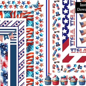 4th of July Borders Fourth of July Frames Clip Art Bundle 10 Digital Download Frame A4 & 8.5 x 11 Patriotic Page Border Independance Day PNG