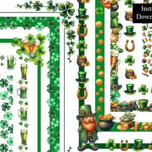 Puede incluir: Un conjunto de bordes imprimibles digitales con ilustraciones temáticas del Día de San Patricio. Los bordes incluyen tréboles, duendes, jarras de cerveza, monedas de oro y herraduras. Los bordes son perfectos para agregar un toque festivo a tus manualidades y proyectos del Día de San Patricio.