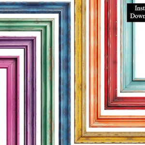 May include: A collection of colorful, distressed wooden picture frames in various sizes. The frames are painted in shades of pink, purple, green, blue, yellow, orange, red, and turquoise. The text "Instant Download" is in a black box in the upper right corner.
