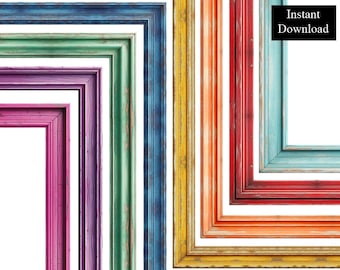 Bordes de madera de colores, 8 marcos, marcos de fotos de madera, clip art, descarga digital, marco de madera rectangular, azul, rojo y verde, A4 y 8,5 x 11, PNG