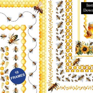 May include: A digital collection of 10 frames featuring watercolor illustrations of honeybees, yellow honeycomb patterns, sunflowers, and a glass jar of honey with a wooden dipper. The design includes dashed flight paths and floral accents.