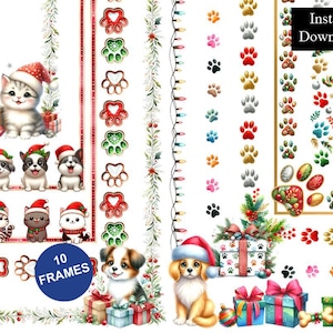 May include: A digital collection of 10 frames featuring illustrations of kittens and puppies wearing Santa hats, surrounded by Christmas gifts, paw prints, festive greenery, and string lights. The image includes the text Instant Download.