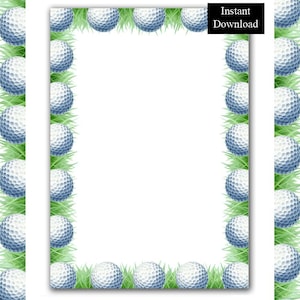 May include: A rectangular page border featuring a repeating pattern of white dimpled golf balls nestled in green grass blades. The center of the page is blank white space. A black rectangular box in the top right corner contains the text Instant Download.