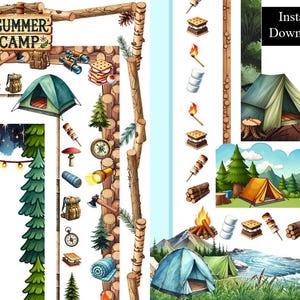 Marcos con bordes de acuarela para campamento, carpas, fogatas, artículos para campamento, paquete de 8 imágenes prediseñadas, descarga digital, A4 y PNG de 8,5 x 11 pulgadas, campamento de verano