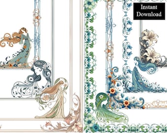 Bordes de página encantados y caprichosos, marcos, adornos decorativos Art Nouveau, paquete de imágenes prediseñadas, 8 imágenes digitales de mujer mística, flores y pájaros en formato PNG A4 y 8.5x11