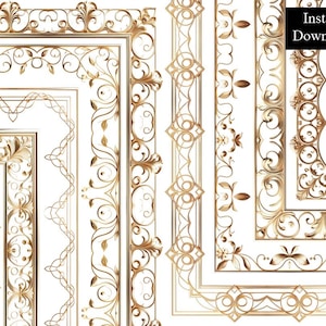 Złote ozdobne obramowania ramki dekoracyjne filigranowe kwiatowe złote certyfikaty clipart pakiet 10 cyfrowych antycznych brokatowych folii A4 i 8,5x11 PNG