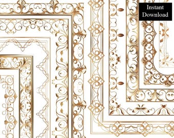 Gold Decorative Borders Frames Ornate Filigree Floral Golden Certificate ClipArt Bundle 10 Digital Antique Glitter Foil A4 & 8.5x11 PNG