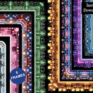 Neon Lights ClipArt Bundle: Futuristic Borders, Frames (Digital Download PNG A4 & 8.5x11in