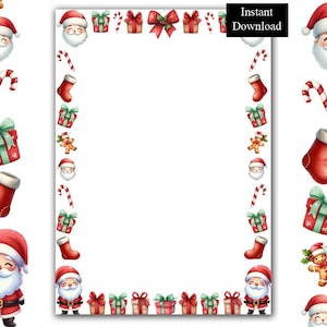 Puede incluir: Un borde de página rectangular con un patrón repetitivo de caras de Santa Claus, calcetines rojos, cajas de regalo verdes y rojas, bastones de caramelo y galletas de jengibre. Un lazo rojo decora la parte superior. El texto Instant Download aparece en un recuadro.
