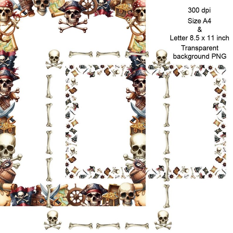 Pirate Skeleton Borders Frames Clipart Bundle 10 Digital Downloads A4 ...