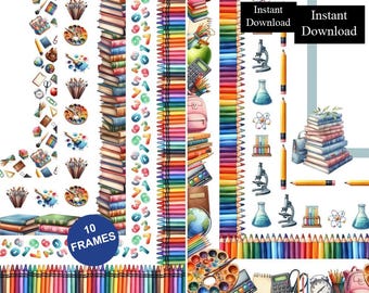 School Classroom Border Science Art Books Crayons Frame ClipArt 10 Digital Download A4 & 8.5x11"
