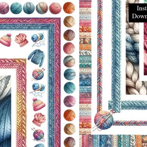 Stricken häkeln Aquarell Ränder Rahmen gestrickt Clip Art Bundle 10 Digital Download Wollknäuel A4 & 8,5 x 11 Printable Page Border PNG