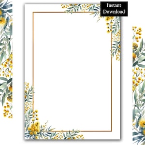 May include: A rectangular stationery template featuring a thin gold border on a white background. The frame is decorated with watercolor illustrations of yellow mimosa flowers and green leaves in the corners. The text Instant Download is visible.
