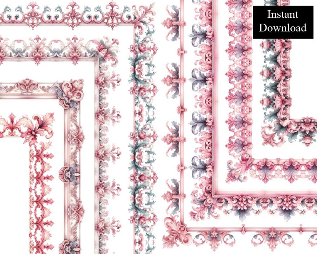 Pink Rococo Borders 8 Frames Ornate Decorative Clipart Digital Download ...