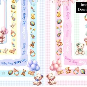 Baby Shower Bordi Acquerello Cornici Bambina Bambino 10 Cornici Digitali da Scaricare A4 e 8,5 x 11 Unisex Baby Page Giocattoli Bandierine Bordo Rosa