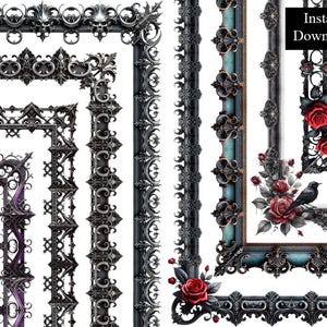 Metal Gothic Borders 8 Frames Verzierten Gothic Stil Clip Art Digitaler Download Gothic Mittelalterliche Schädel Rosen Metallic Rahmen A4 & 8.5 x 11 PNG