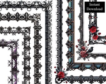 Metalowe ramki z gotyckimi obramowaniami ClipArt 8 pobrań cyfrowych Czaszki średniowieczne Róże A4 i 8,5x11 PNG